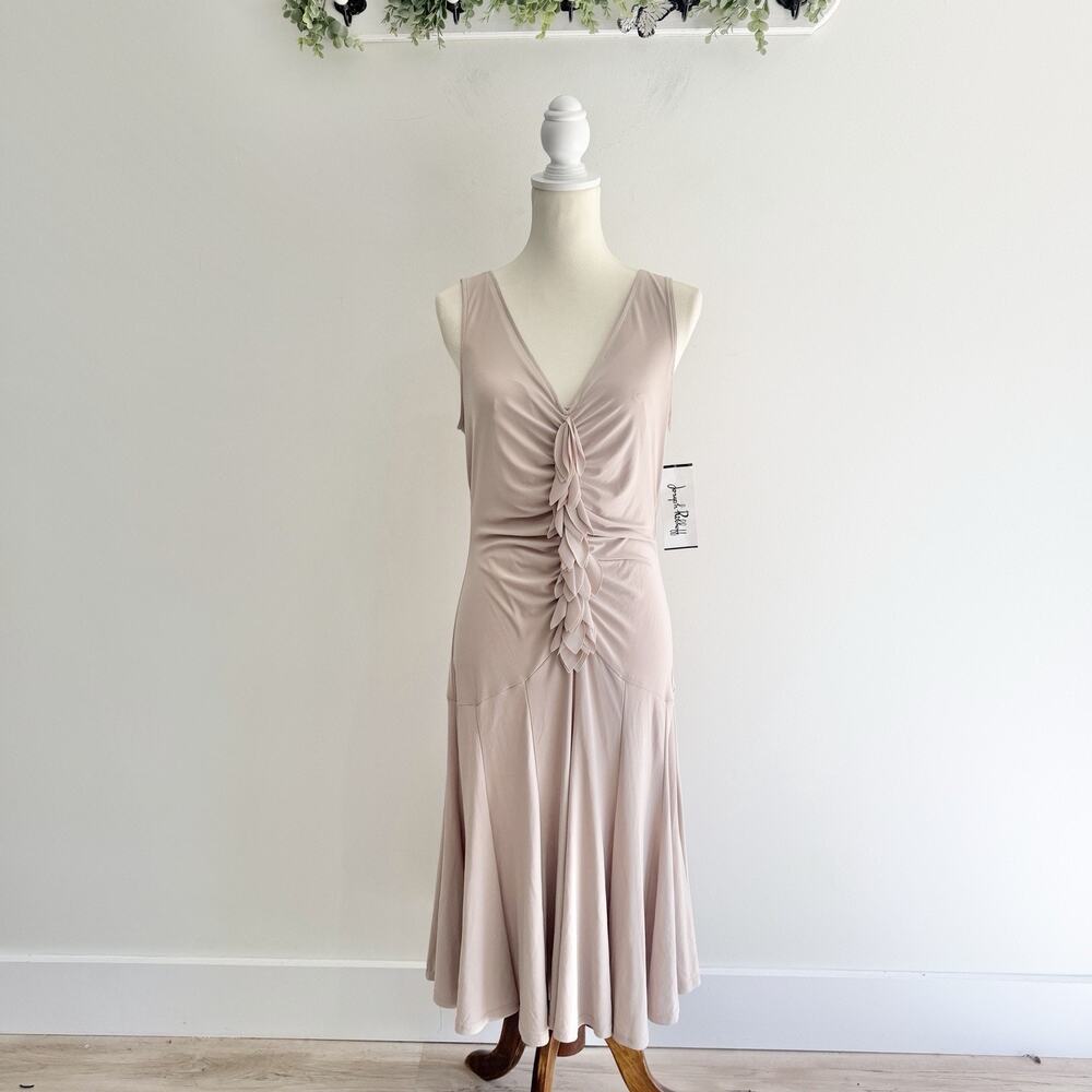 Joseph Ribkoff Nude Drop Waist Ruffle Front Midi Dress New Size 10 YY7034